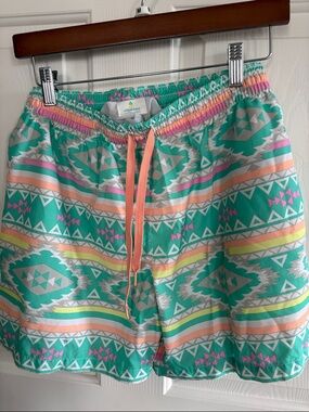 Men’s Teal Aztec Print Drawstring Swim Short